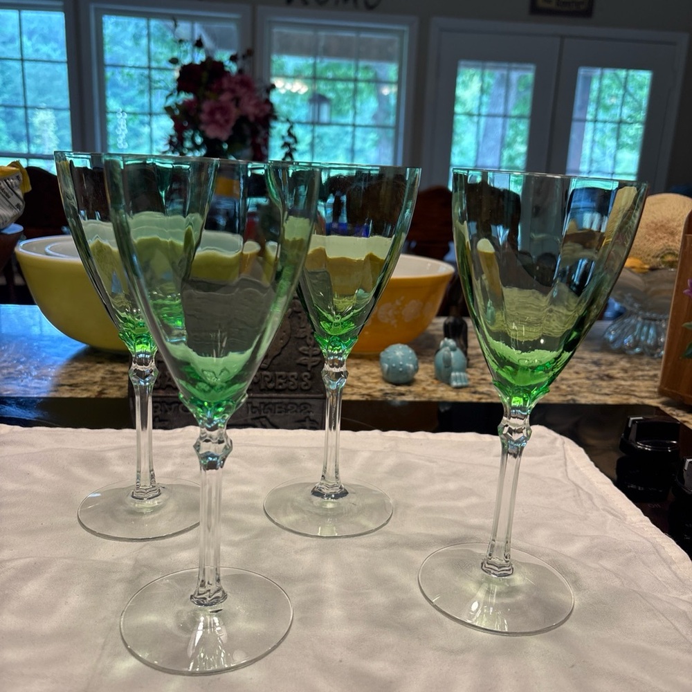 Antique Fostoria 12 panel green water goblets 4 total please read